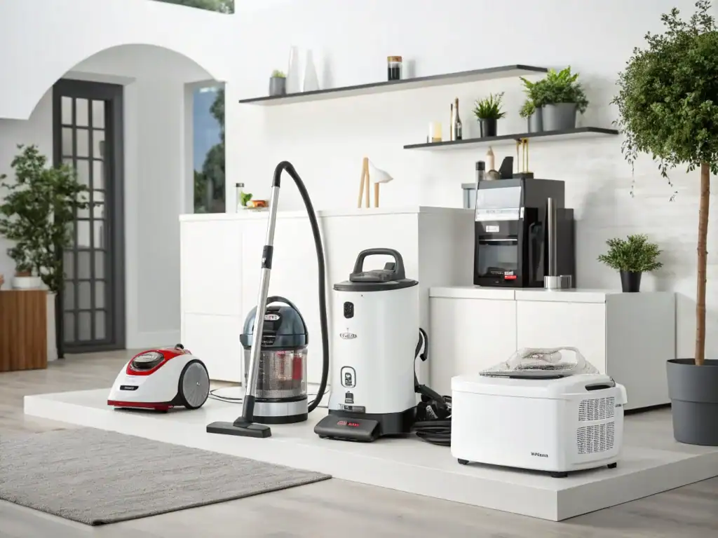 Collection of cleaning appliances including vacuum, steam cleaner, and air cooler in modern home.