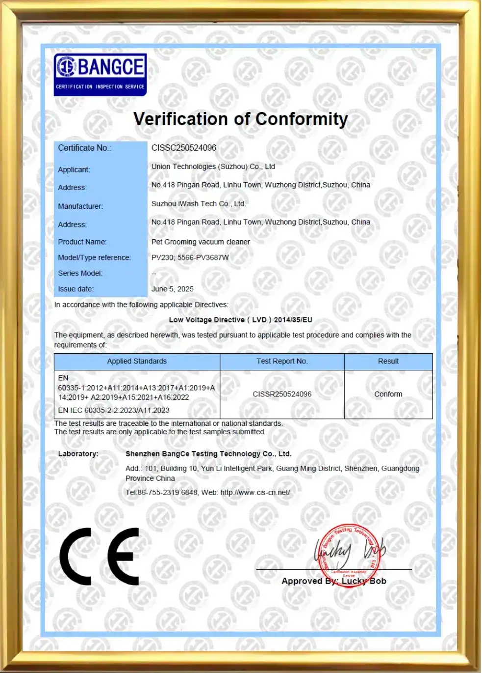 Certified Quality 5 UNION Technologies CE Verification of Conformity Certificate, EU Market Compliance for Vacuum Cleaners