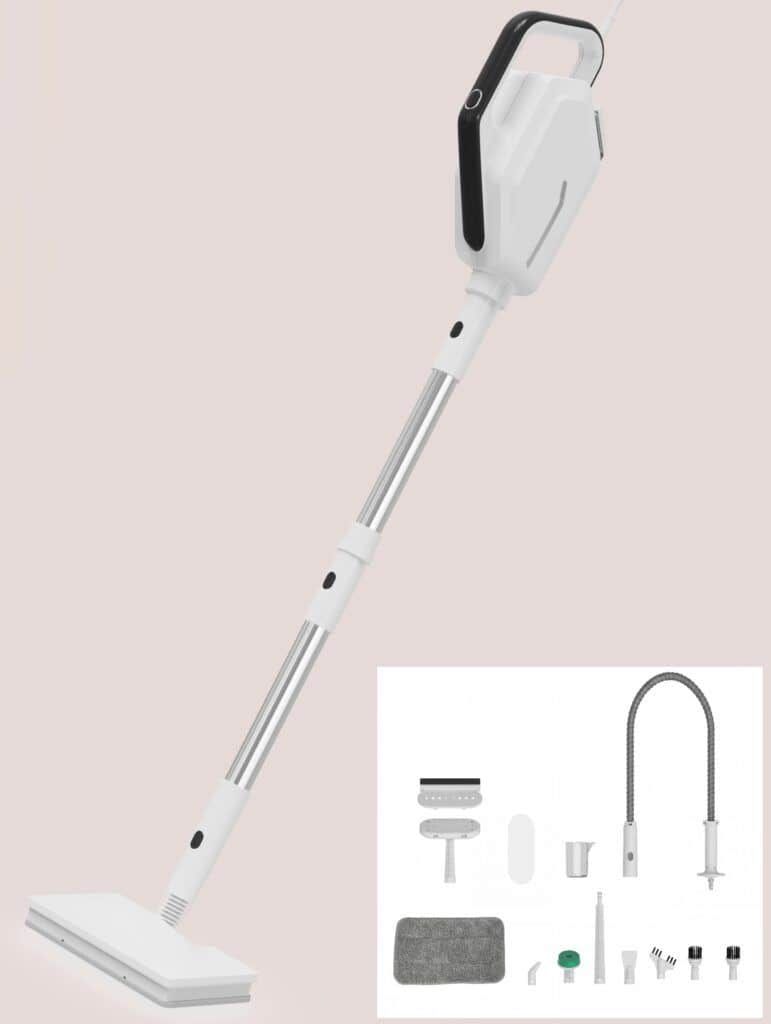 Modern cordless stick vacuum cleaner with multiple attachments for cleaning.