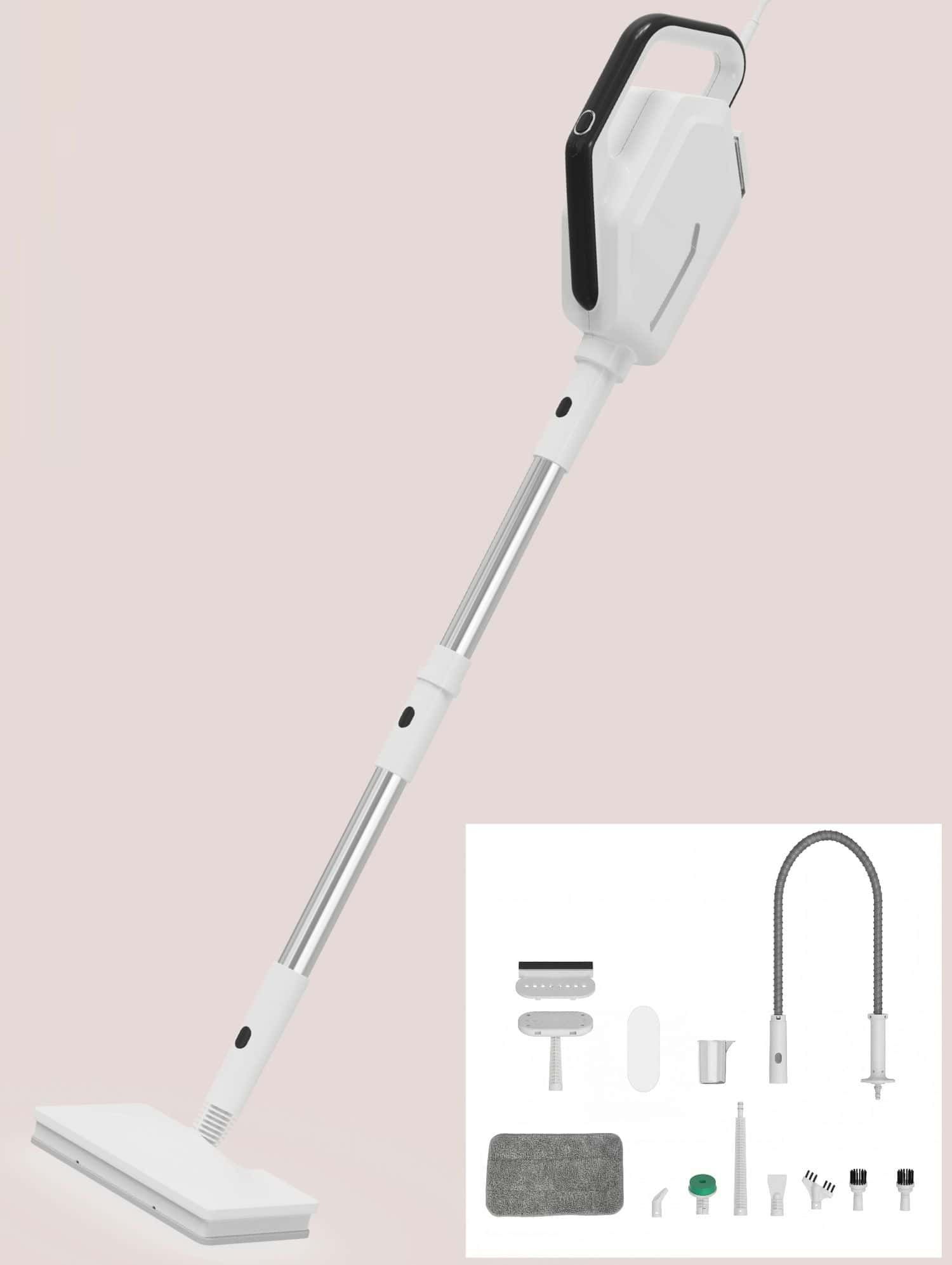 Modern cordless stick vacuum cleaner with multiple attachments for cleaning.