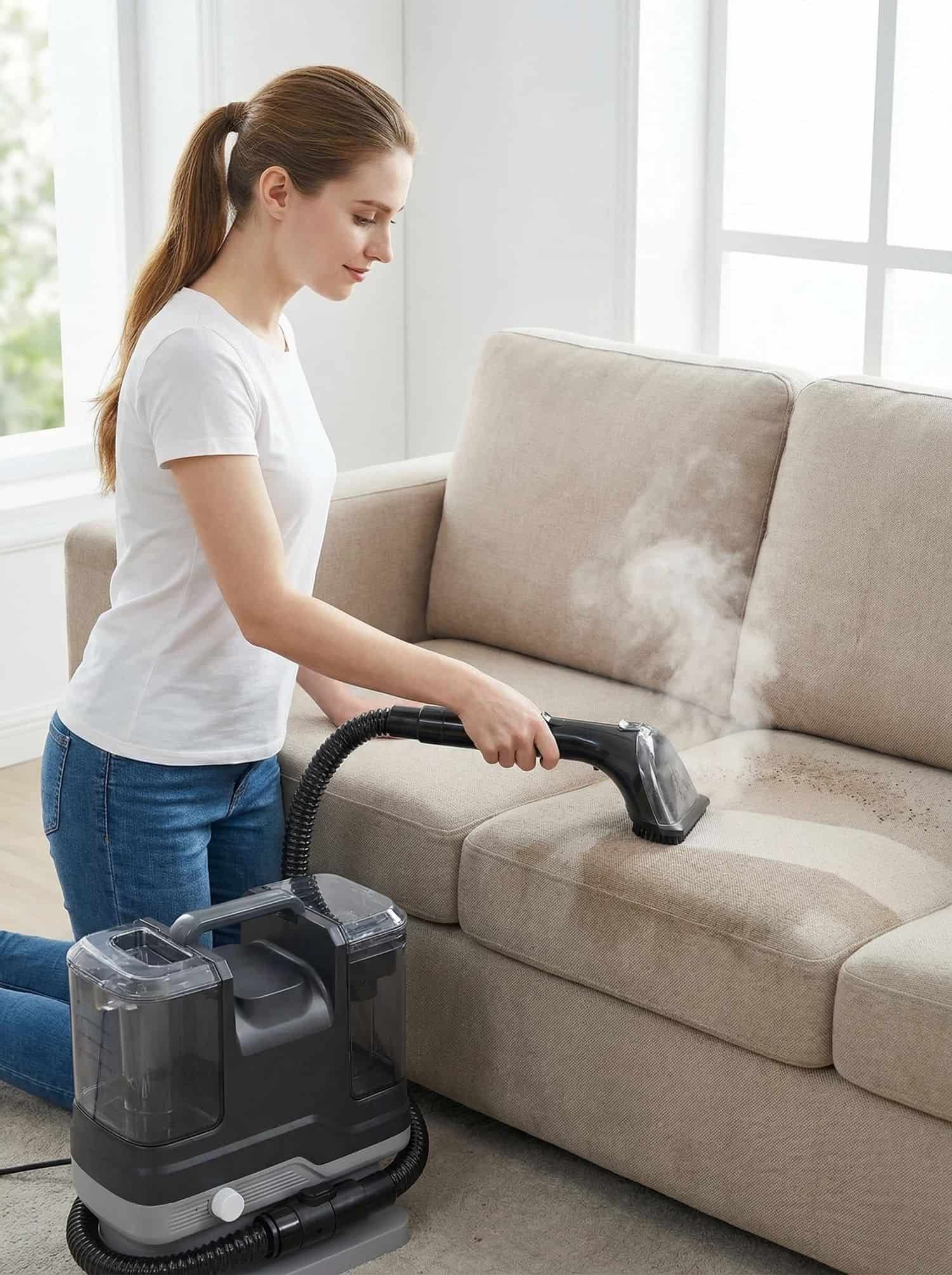 Professional 3-in-1 Steam & Hot Water Upholstery Cleaner | UNION.专业三合一蒸汽及热水布艺清洗机 | UNION 品牌 3-in-1 steam upholstery cleaner removing stains from sofa with hot.三合一布艺清洗机利用高温蒸汽清除沙发污渍.