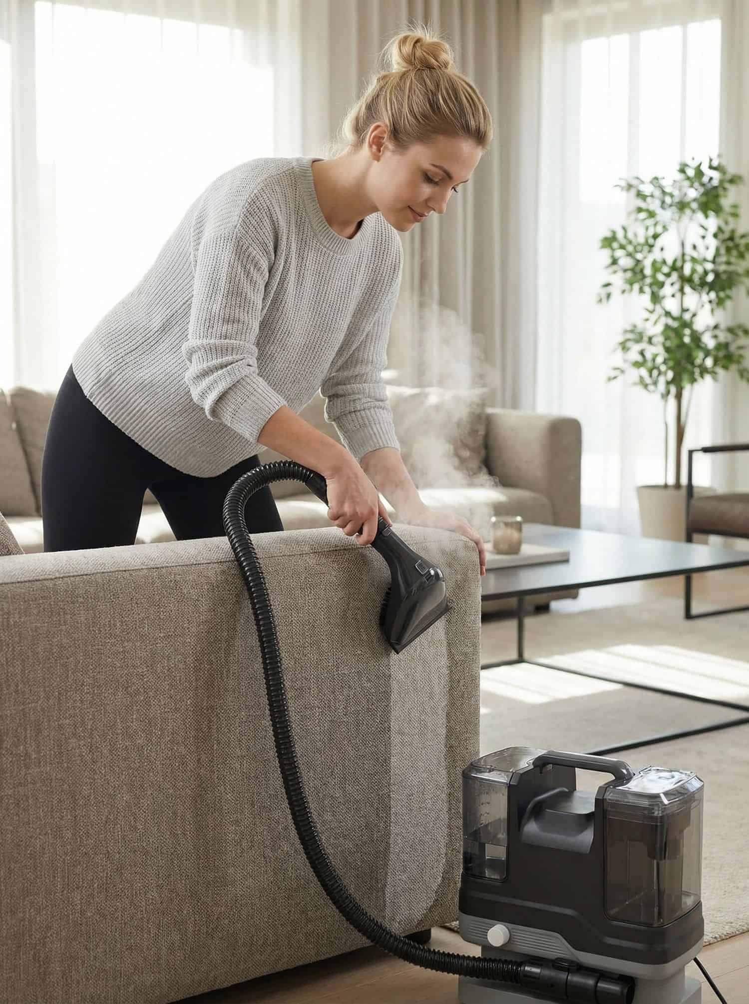 Professional 3-in-1 Steam & Hot Water Upholstery Cleaner | UNION,专业三合一蒸汽及热水布艺清洗机 | UNION 品牌 3-in-1 steam upholstery cleaner removing stains from sofa with hot steam.三合一布艺清洗机利用高温蒸汽清除沙发污渍