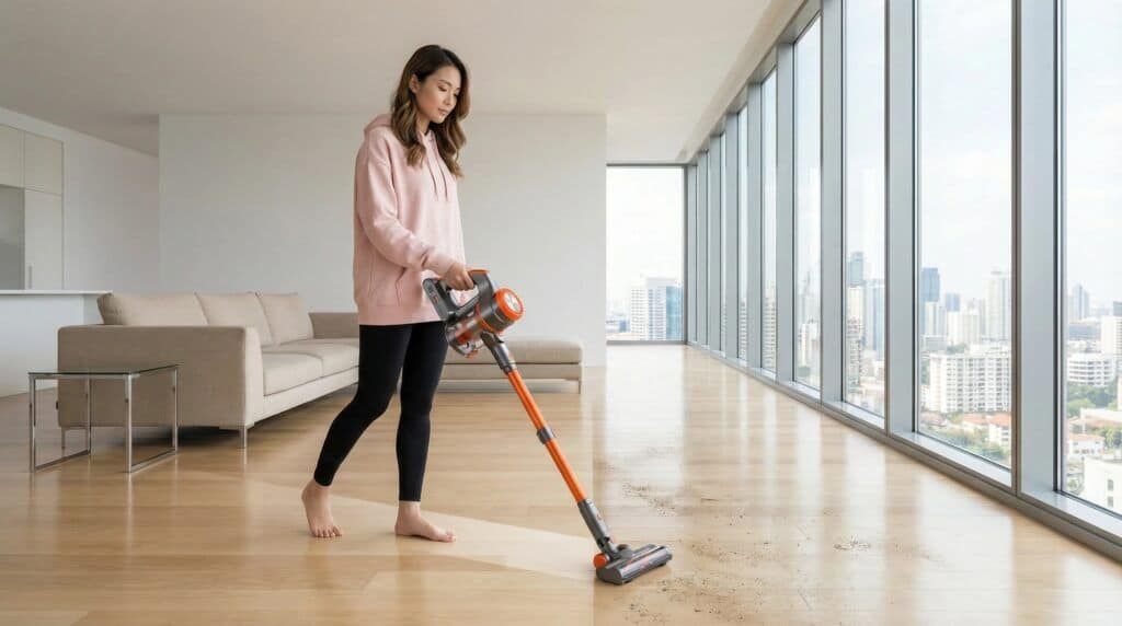 Woman cleaning hardwood floor with cordless vacuum in bright apartment.