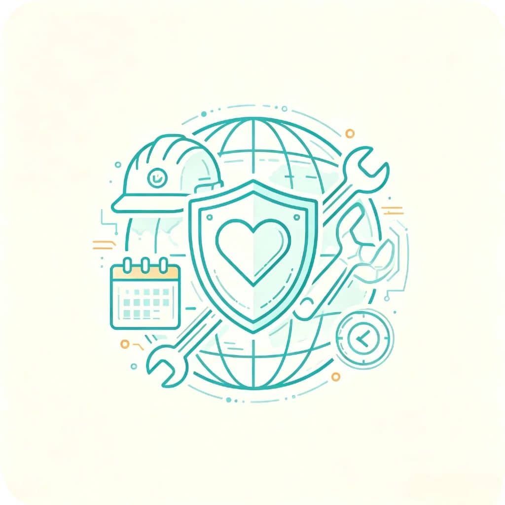 Global maintenance and protection concept with shield, tools, helmet, and globe.