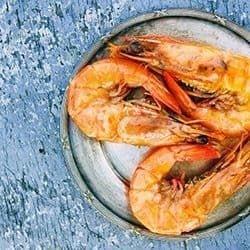 Fresh cooked shrimp on a metal plate with a blue textured background.