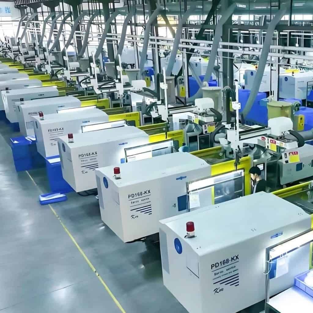 Industrial manufacturing facility with automated cleaning appliances and machinery.