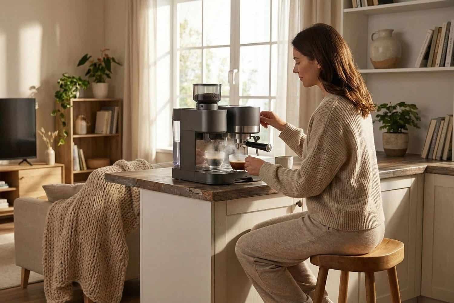 HOME 5 Woman making coffee with fully automatic espresso machine in cozy modern home kitchen, household coffee maker daily lifestyle scene,CA757household coffee maker