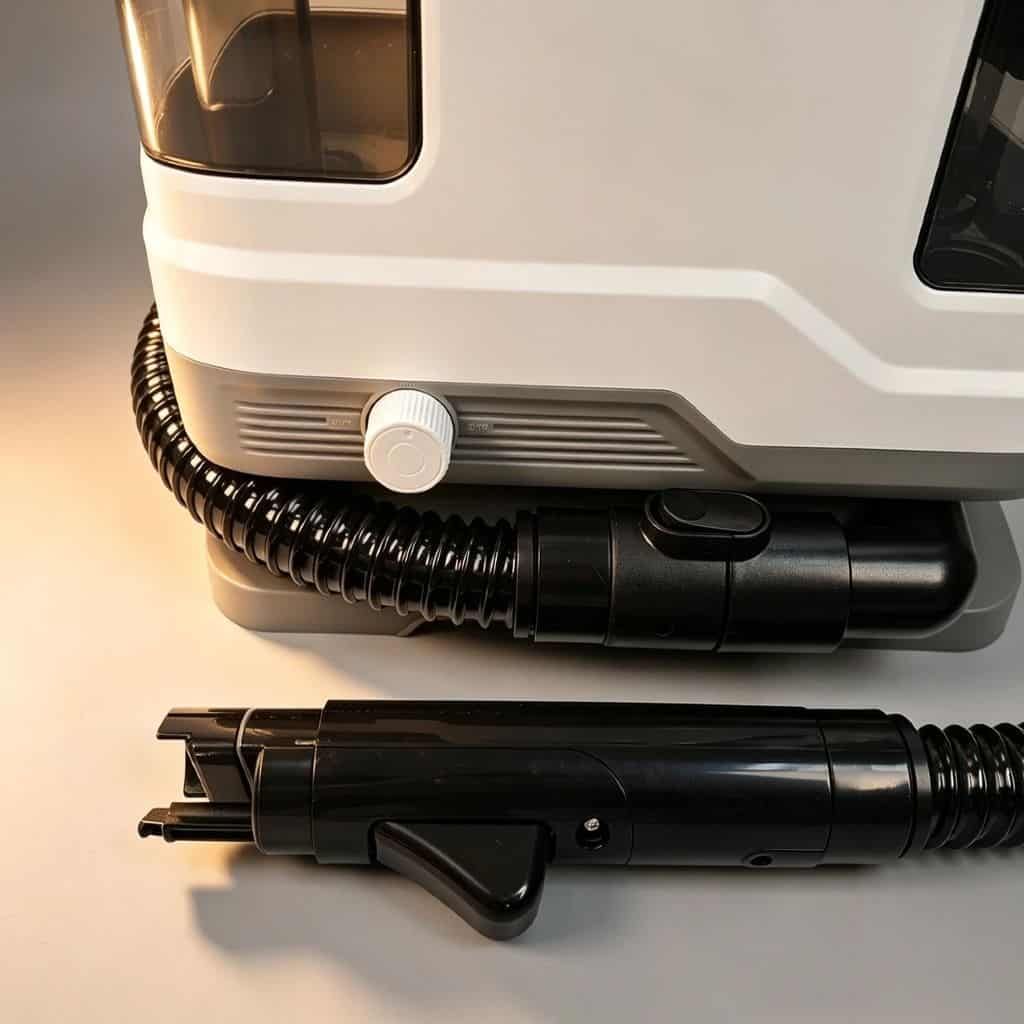 Close-up of a vacuum cleaner with a flexible hose and attachment.