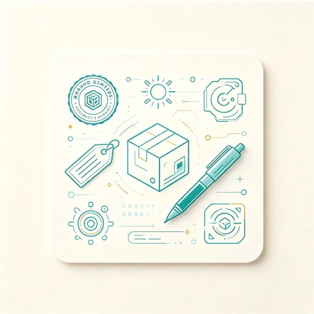 Illustration of a packaging box with various icons related to manufacturing and quality control.