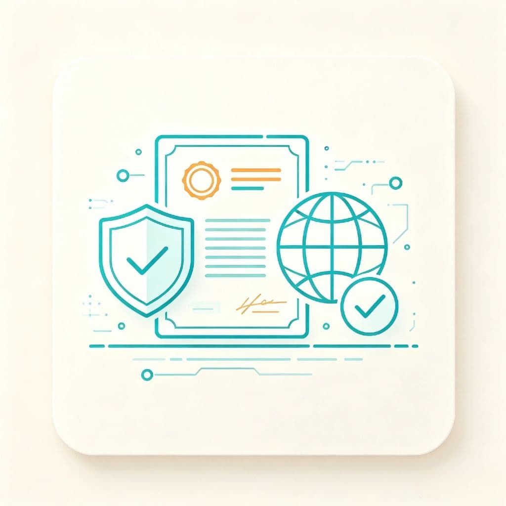 1024x1024 minimalist tech icon, global certification document, CE RoHS FCC ISO9001, clean blue tone