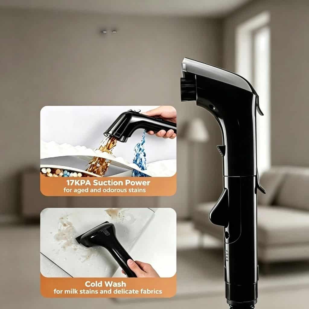 High-tech handheld cleaning device with suction and cold wash features.