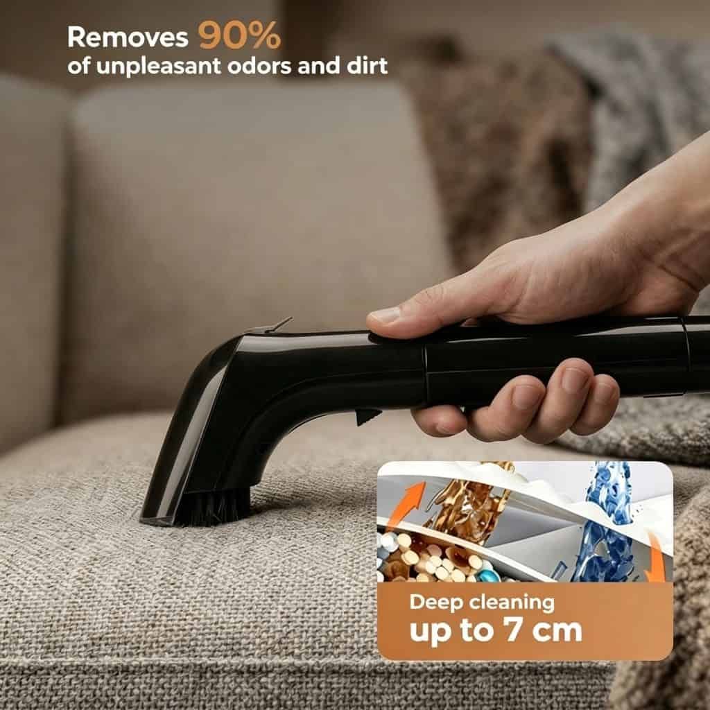 Hand using handheld vacuum cleaner for deep cleaning upholstery up to 7cm.