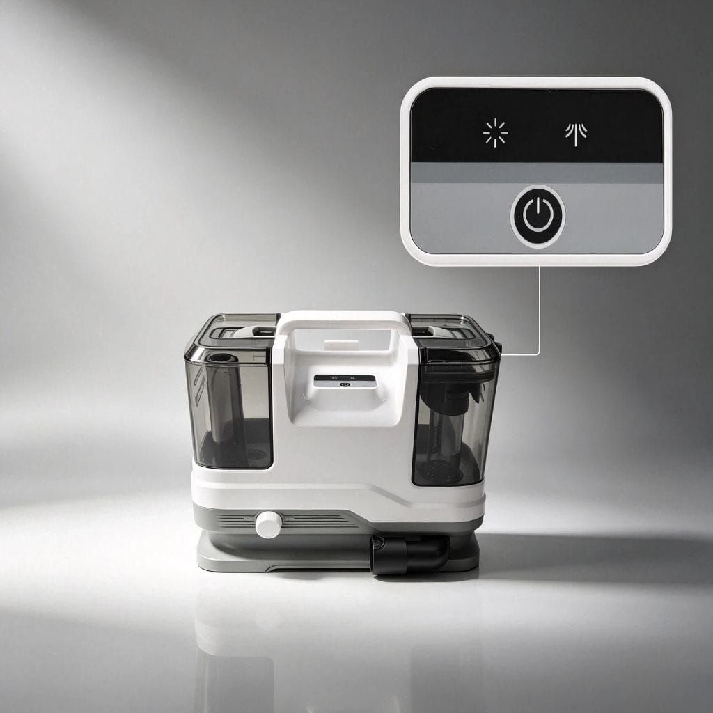 Modern cleaning appliance with digital control panel and transparent water tanks.