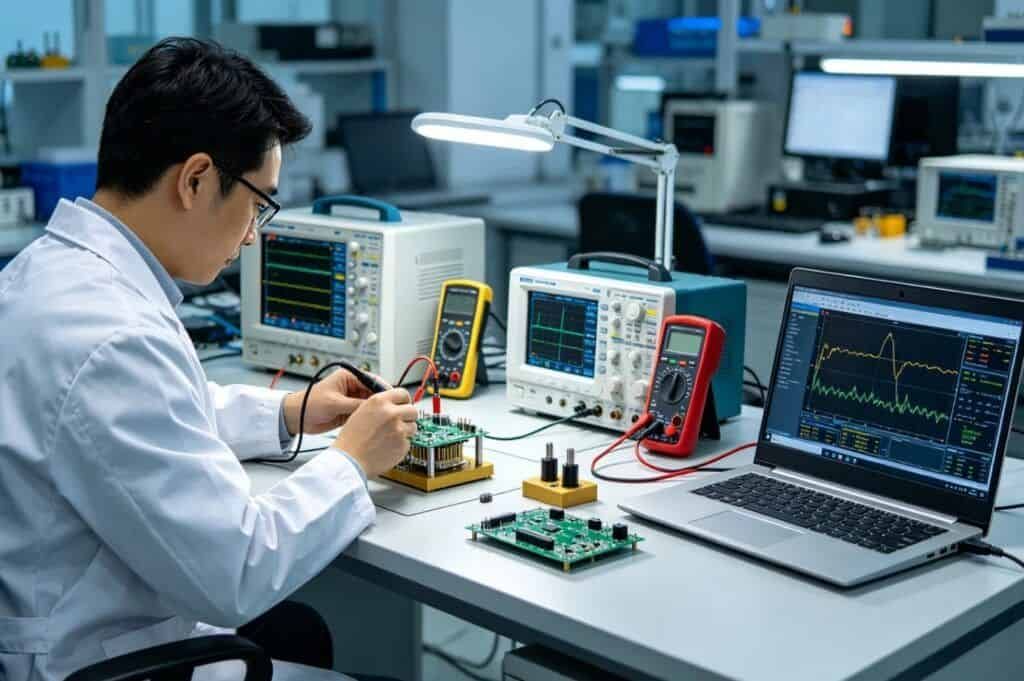 Technician testing electronic components in a modern laboratory setting.