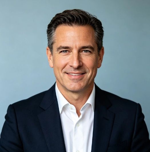 Professional businessman in formal suit smiling at camera.