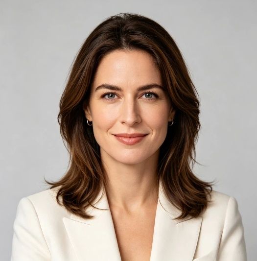 Professional woman with brown hair in a white blazer smiling at the camera.