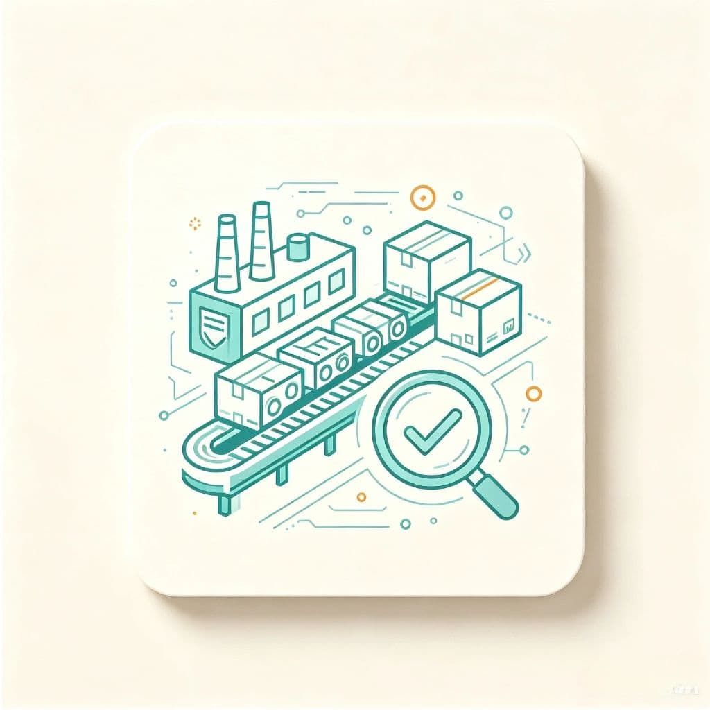 Industrial manufacturing process with conveyor and boxes, quality check icon.