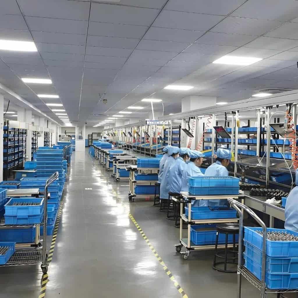 Cleanroom manufacturing area with workers assembling appliances at Union Technologies.