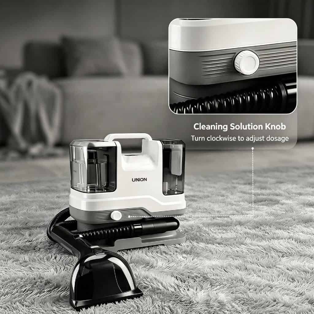 Modern vacuum cleaner with adjustable cleaning solution knob on a carpet.