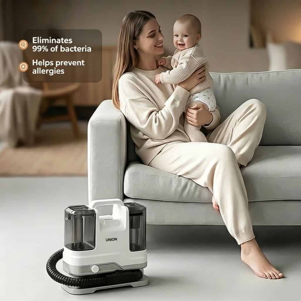 Woman with baby using portable vacuum cleaner for cleaning and sterilization.