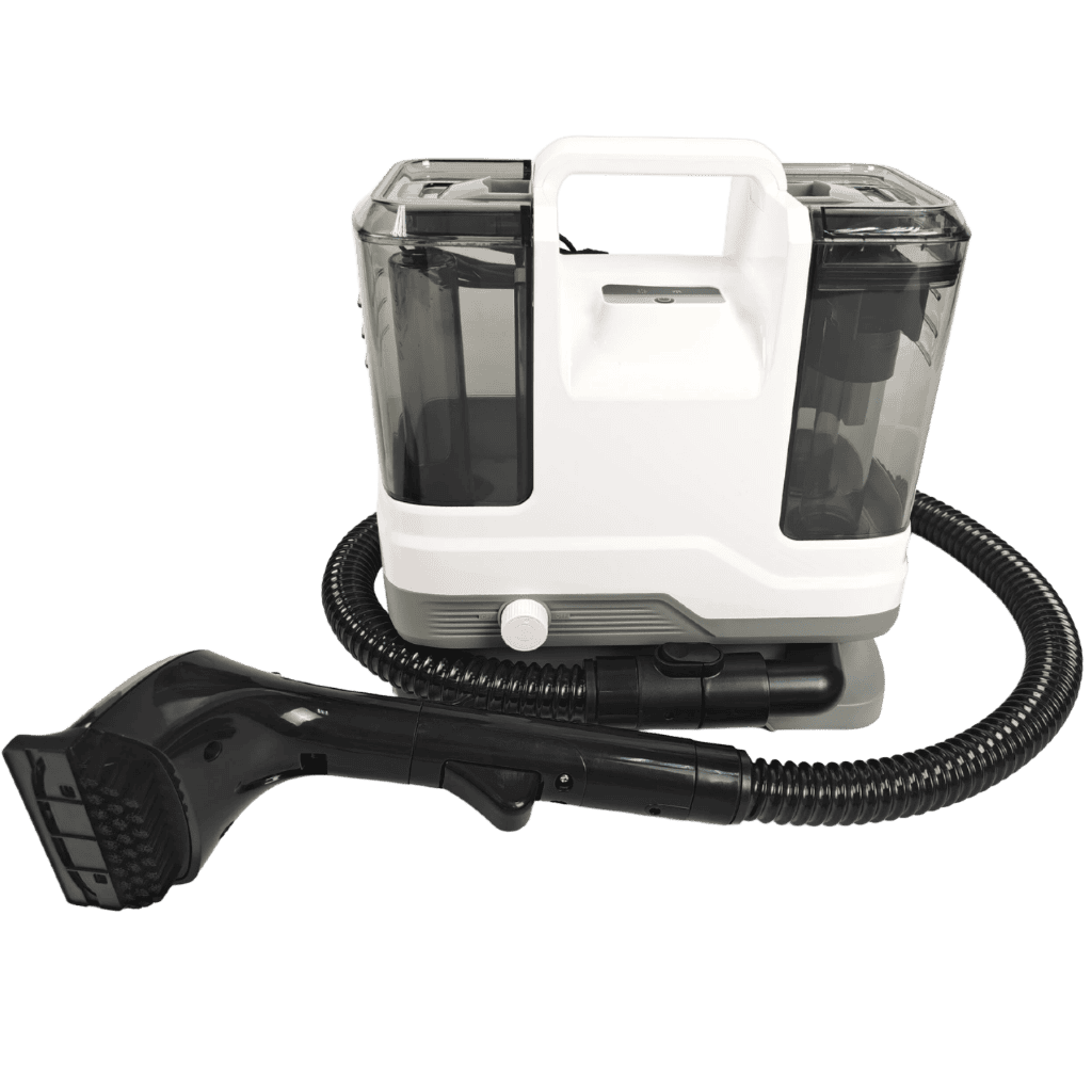 Portable vacuum cleaner with dual water tanks and hose for cleaning appliances.