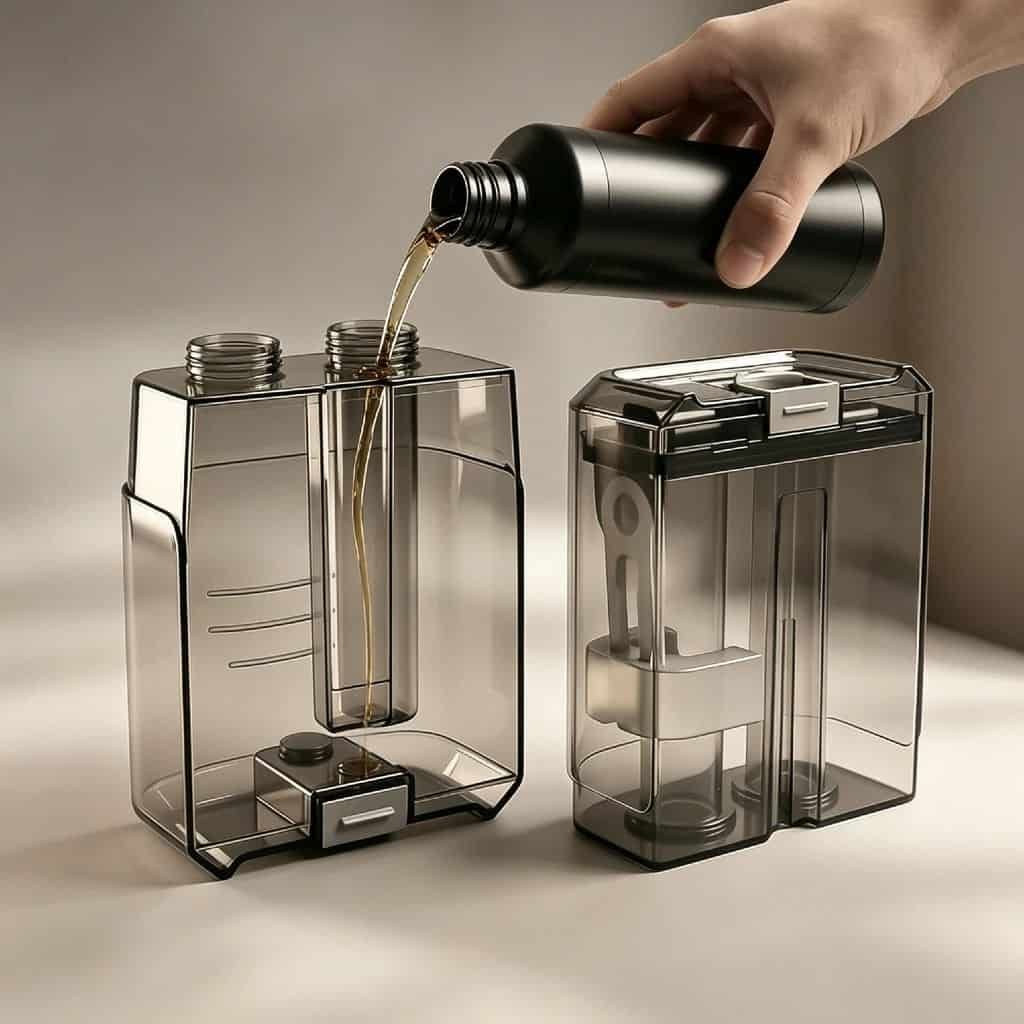 Cleaning solution being poured into a transparent container with a filter system.