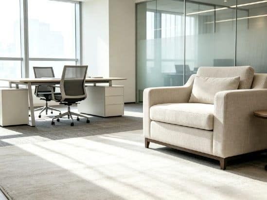 Bright office space with sofa, desks, and large windows for natural light.