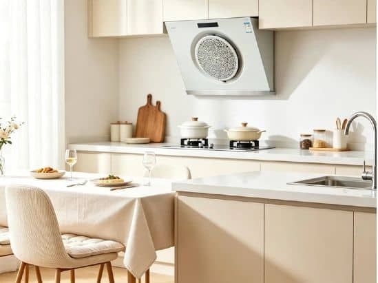 Contemporary kitchen with sleek range hood and minimalist design.