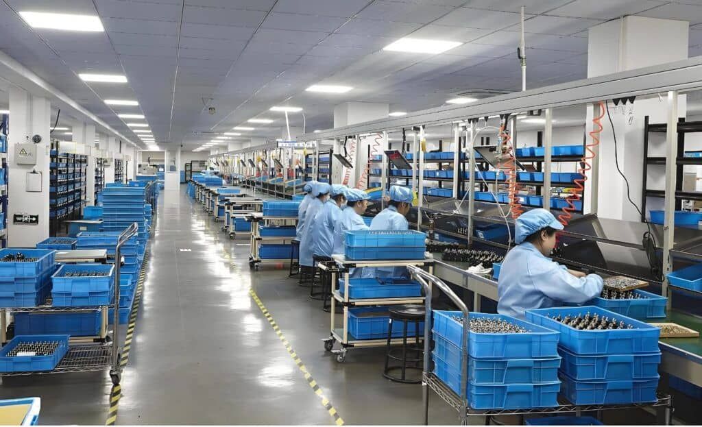 Manufacturing line of cleaning appliances with workers in blue uniforms.